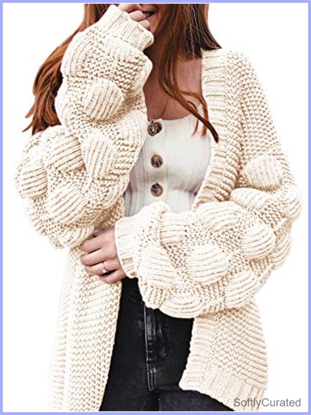 Oversized Chunky Knit Cardigan Long Open Front Pom Pom Sweater Coat